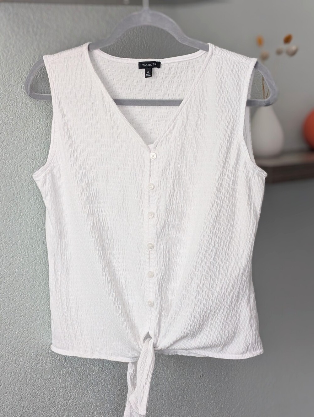 Talbots White Sleeveless Knit Fabric Button-Front Tie-Hem Top